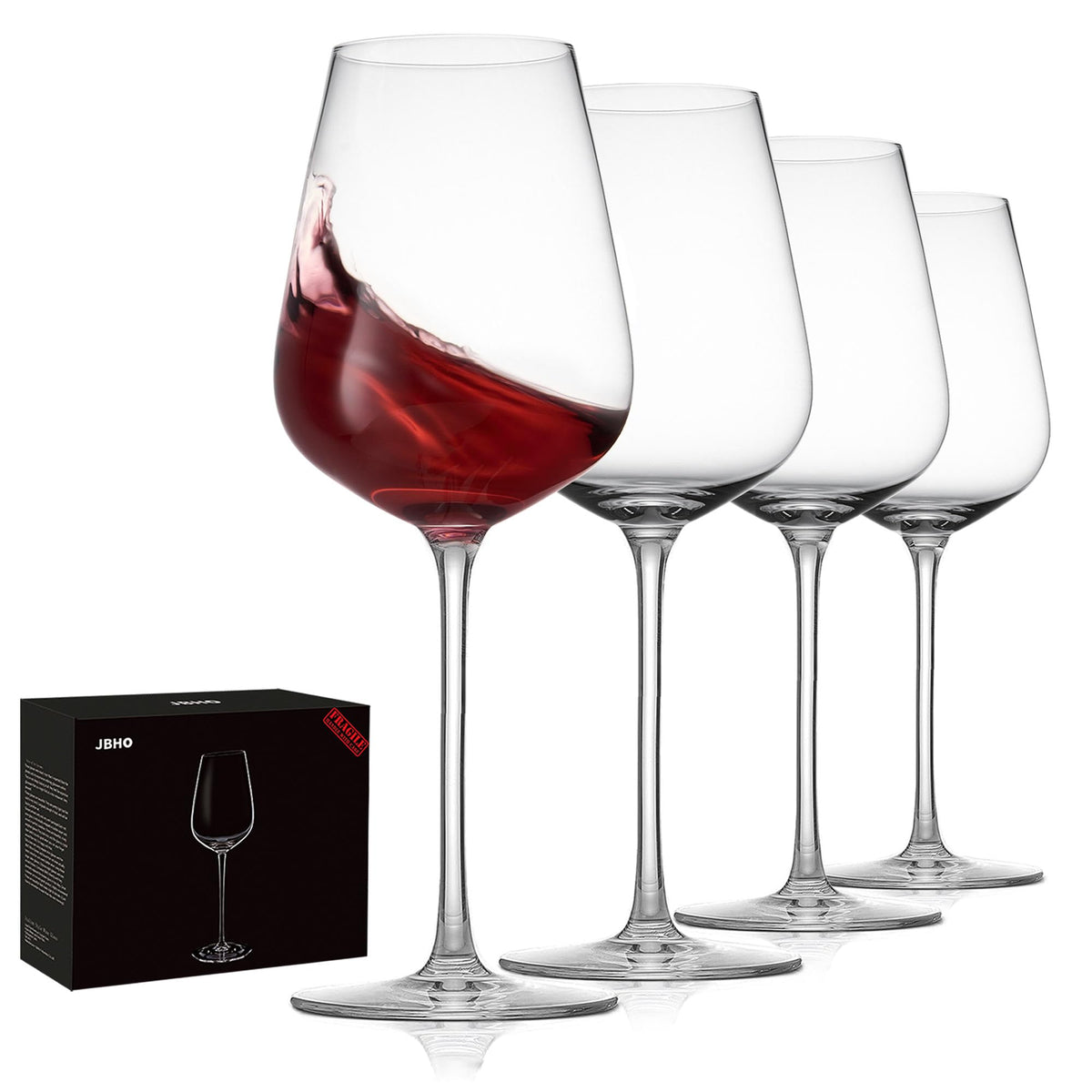 JBHO hand-blown crystal Bordeaux wine glass with clear bowl, enhancing aroma and clarity.