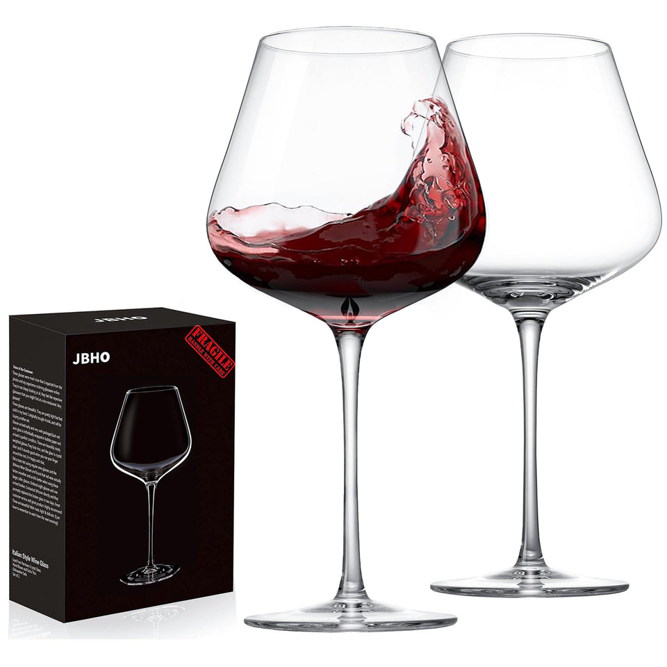 JBHO hand blown Italian style Burgundy wine glasses set of two on a dinner table