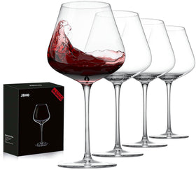 JBHO set of four hand-blown crystal burgundy wine glasses for elegant dining.