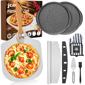 JCAEH pizza peel with folded wooden handle for compact storage and easy maneuvering.