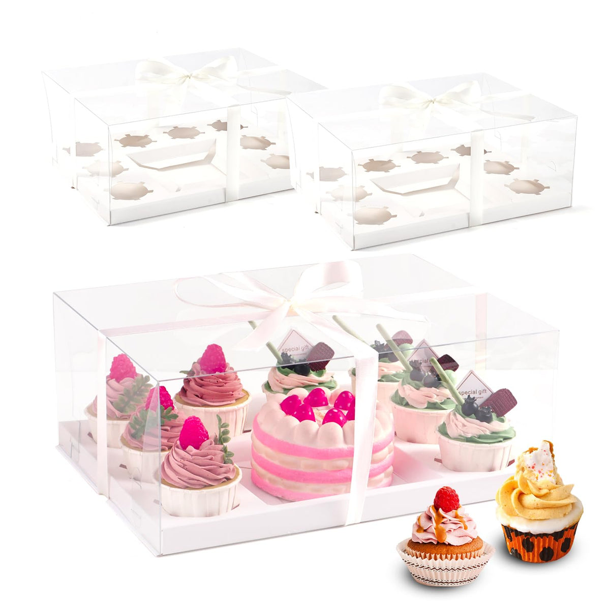 JCD Bento cake box with eight cupcakes and a clear viewing window for presentation.