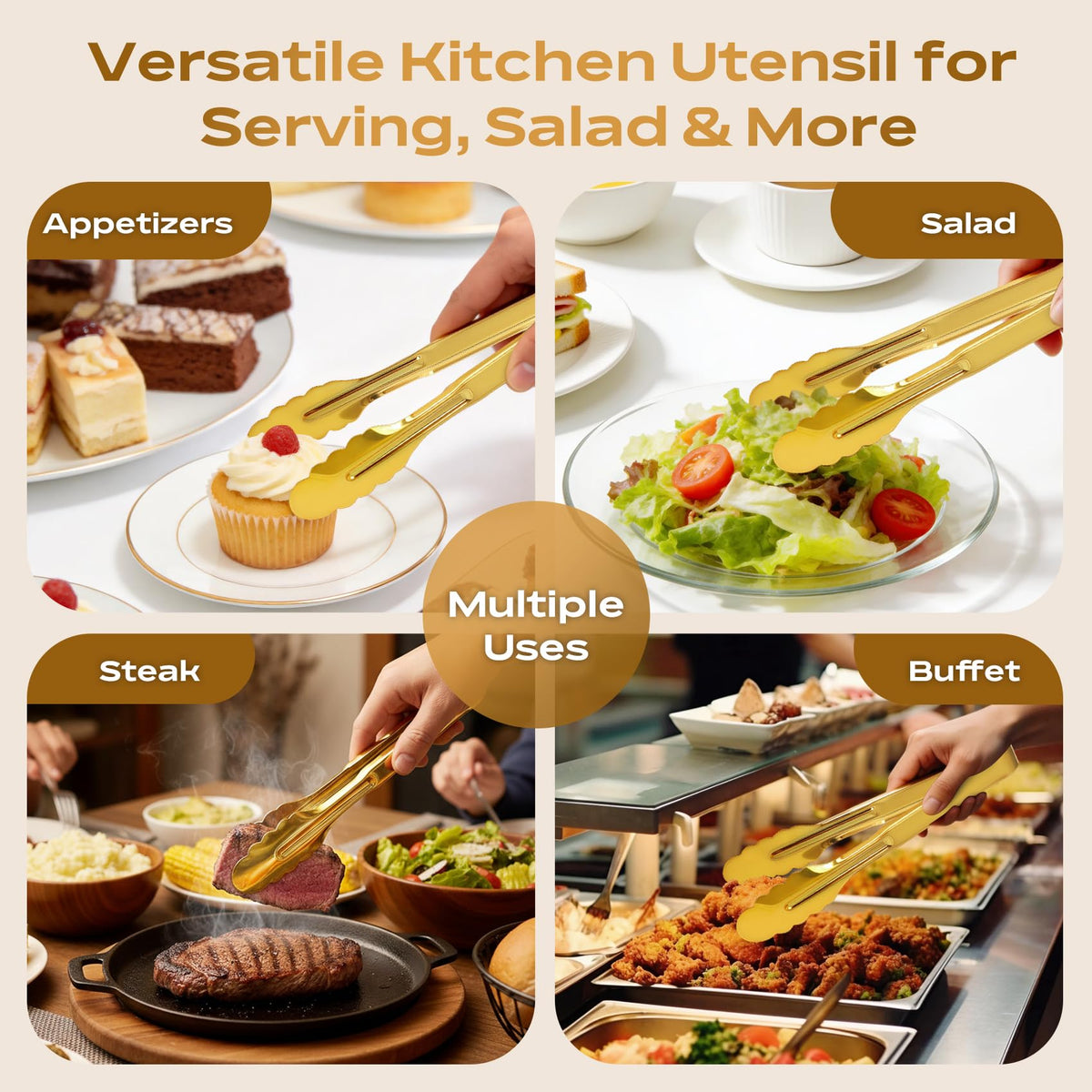 JCREN versatile 9-inch tongs for salads and desserts.