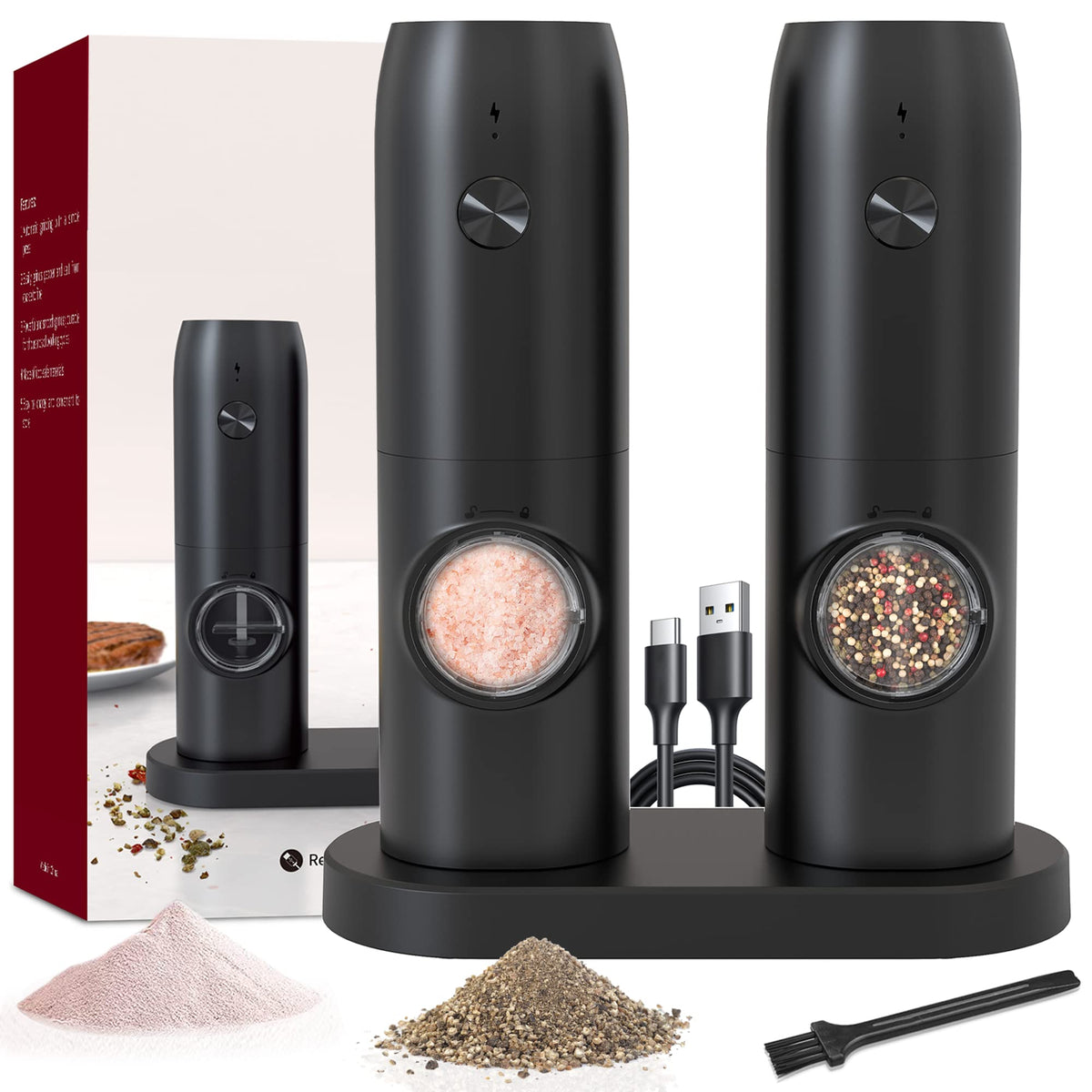 Jeadiuwe electric grinder on charging base with LED, ready for quick seasoning