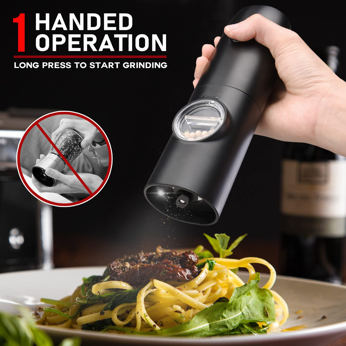 Jeadiuwe two-piece salt pepper grinders, compact storage on the dock