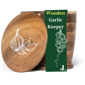 Jean Lemond acacia garlic keeper with lid for secure, ready-to-use garlic.