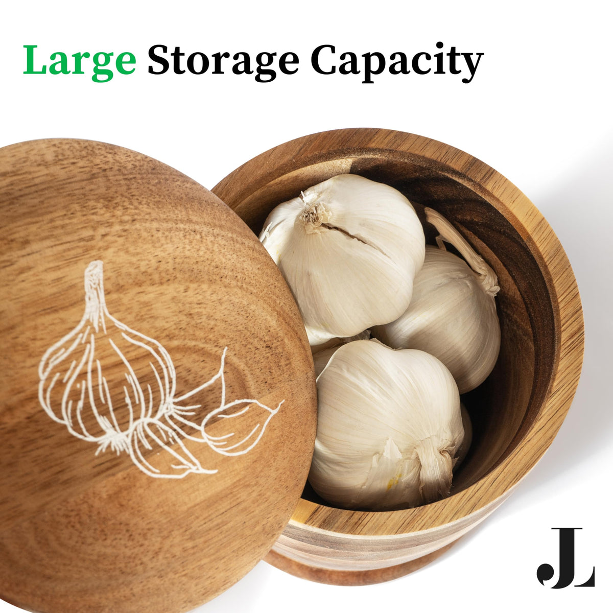 Close-up of acacia wood grain on the garlic keeper.