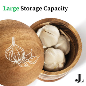 Close-up of acacia wood grain on the garlic keeper.
