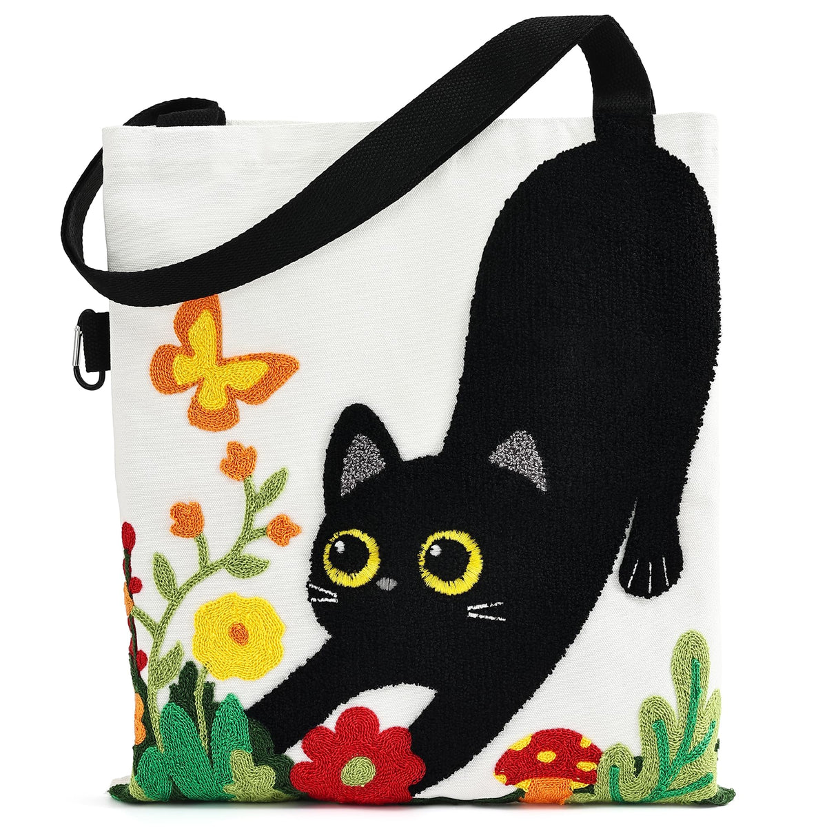 Jeasona embroidered cat tote front view with standout 3D cat design.