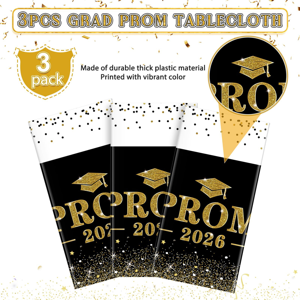 Jectivs durable plastic graduation tablecloth, waterproof and easy to clean.