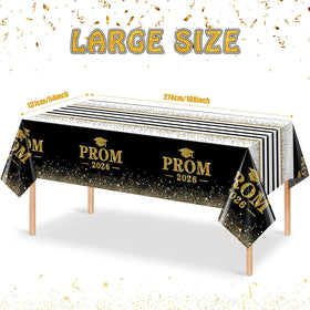 Jectivs graduation tablecloth in black and gold design, adds festive table protection.