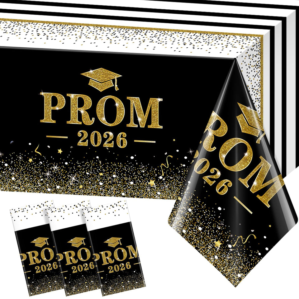 Jectivs Prom 2026 tablecloth with caps and dots, ideal for stylish graduation decor.