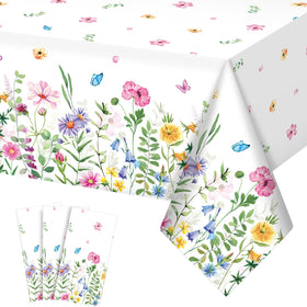 Jectivs spring floral tablecloth with pink purple blue flowers and butterflies for casual dining.