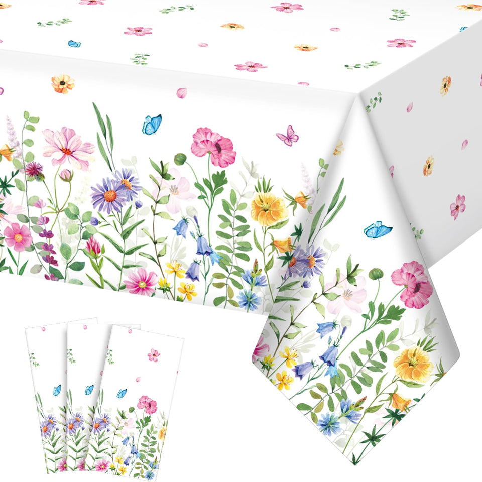 Jectivs spring floral tablecloth with pink purple blue flowers and butterflies for casual dining.