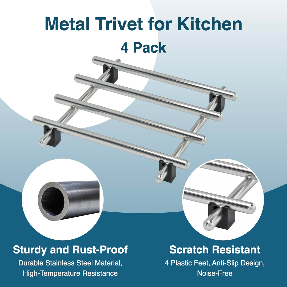 JEEATCN trivet close-up showing anti-slip feet preserving surfaces