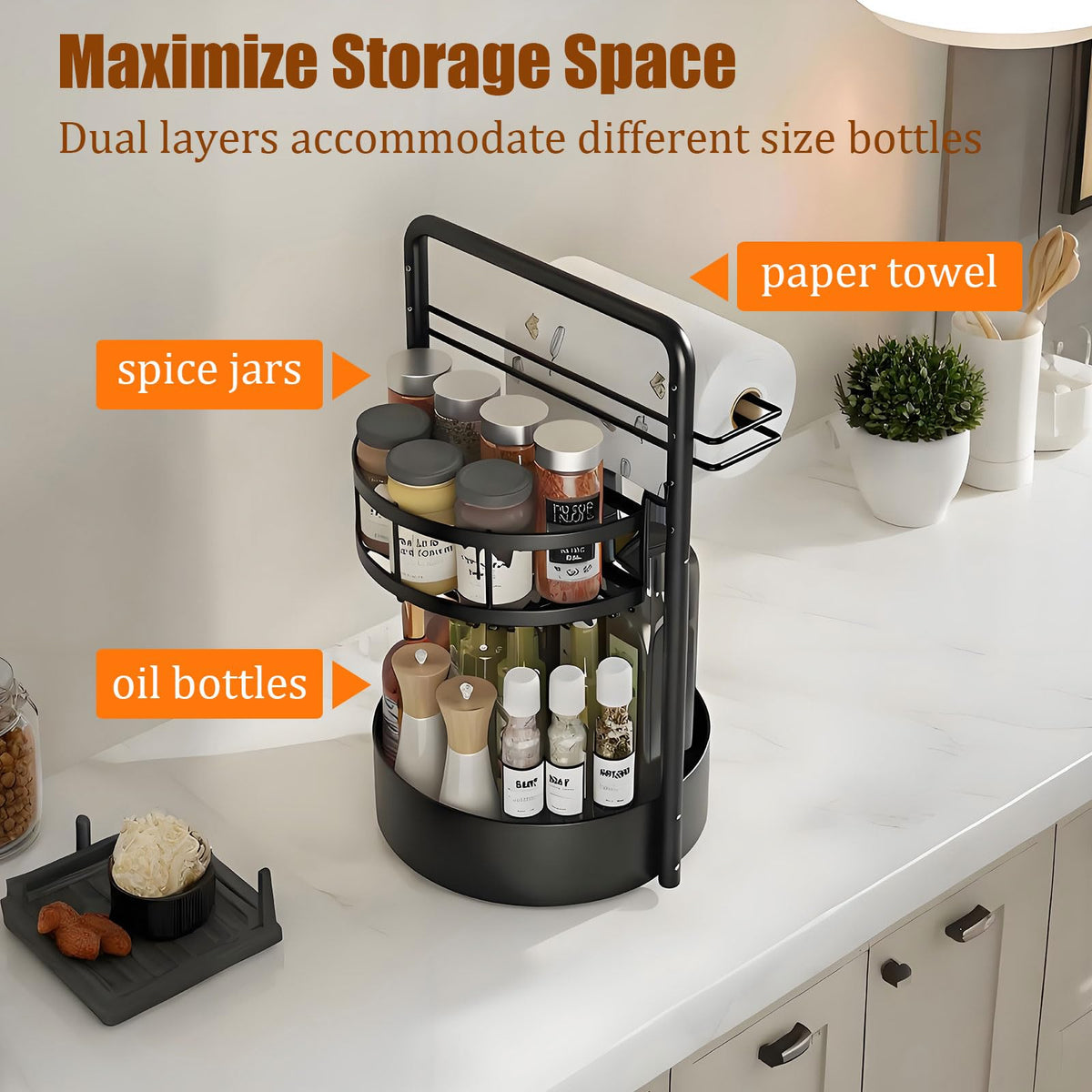 JEESA rotating spice rack iron construction ensures rust resistance for daily use.