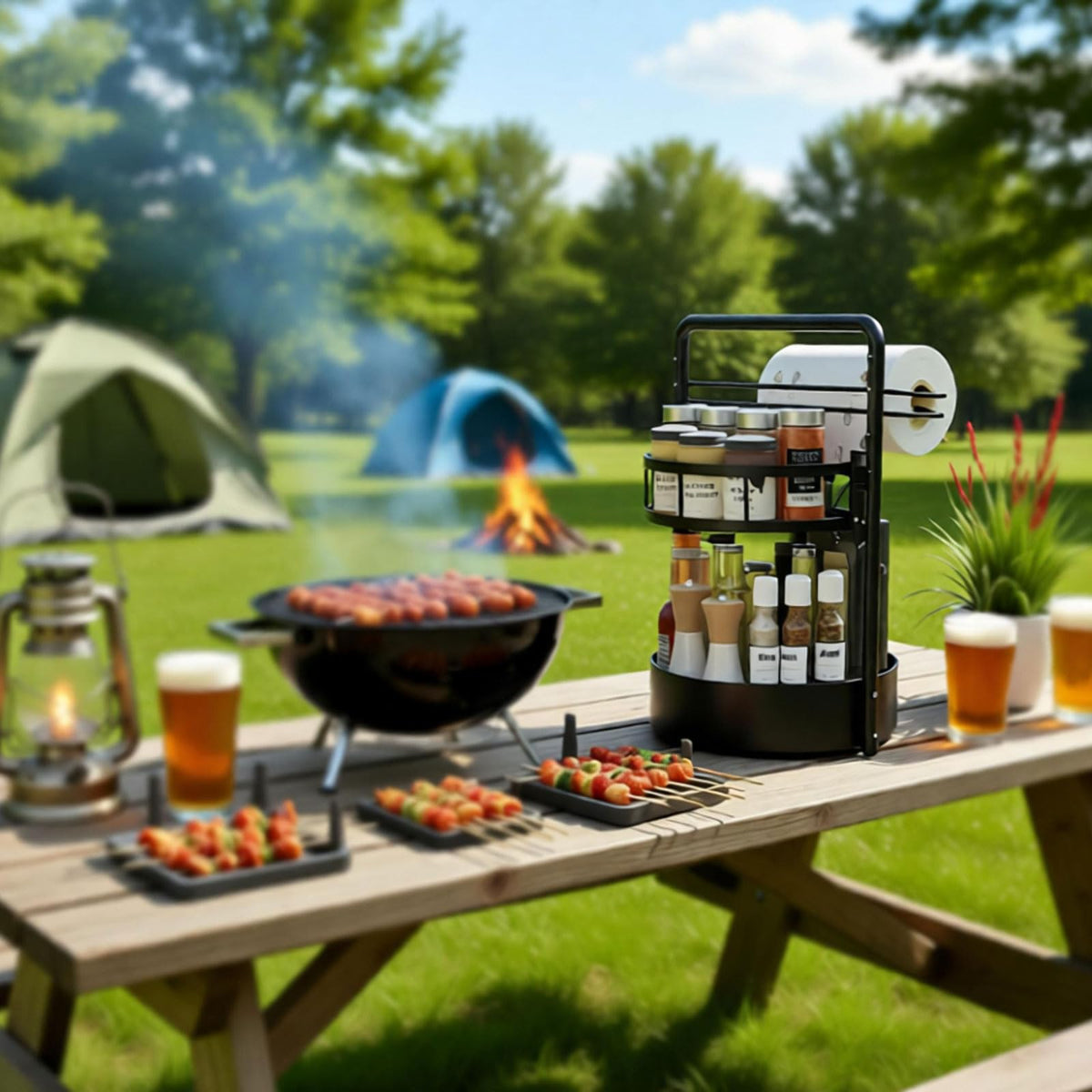 JEESA rotating spice rack ideal for outdoor grilling and prep.