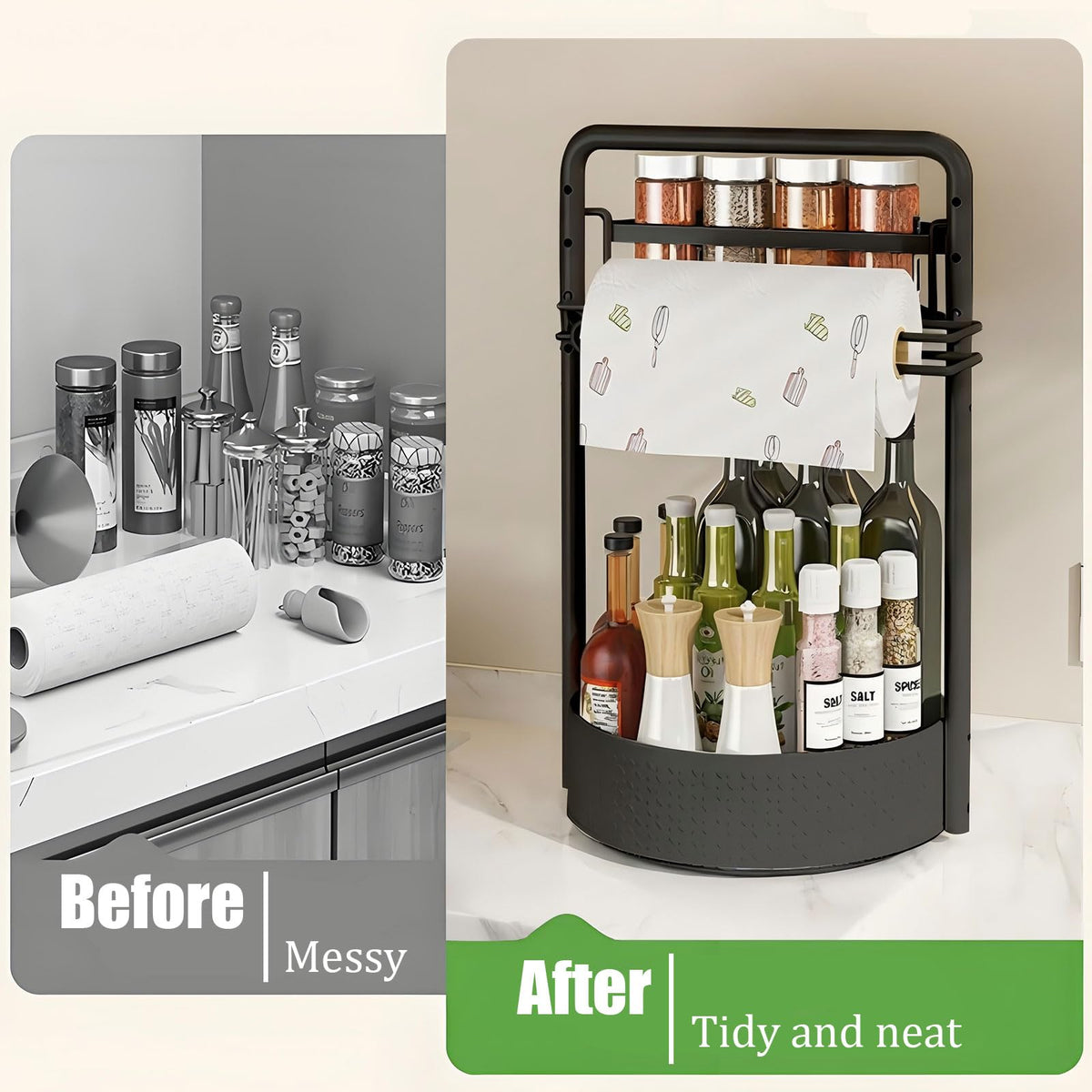 JEESA rotating spice rack stable on counter keeps spices reachable.