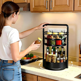 JEESA rotating spice rack two-tier storage highlights roomy space for jars.