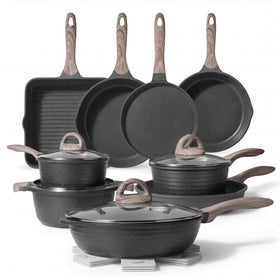 JEETEE 23-piece pots and pans set on induction stove delivering even heating.