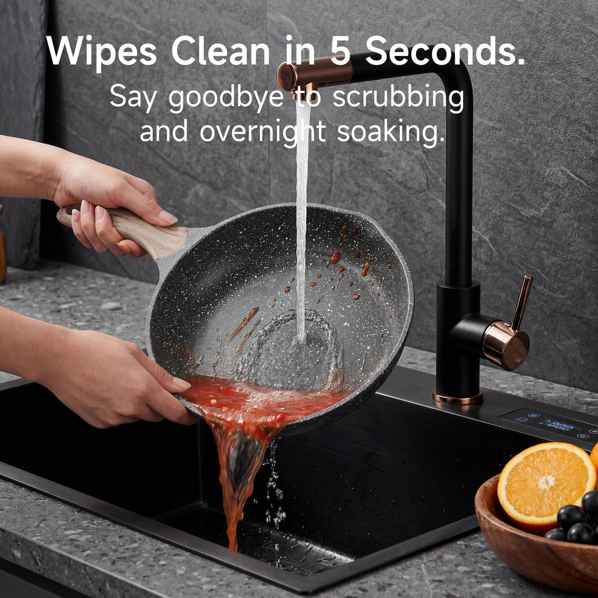 JEETEE nonstick pan being wiped clean to show easy maintenance