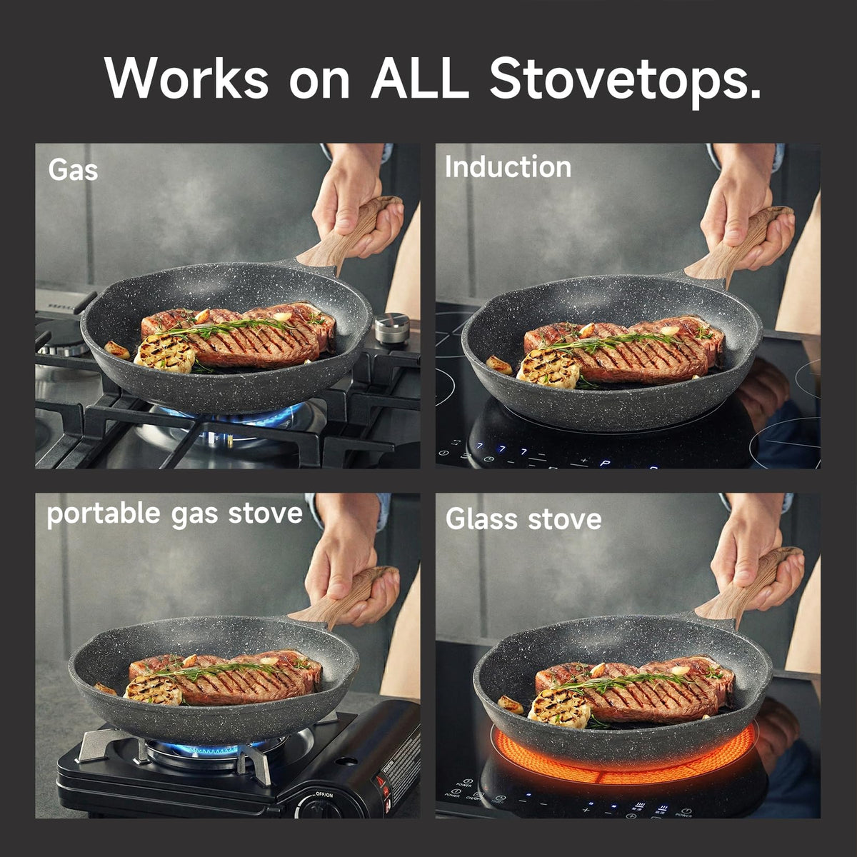 JEETEE ergonomic handle supports a secure grip during sautéing.