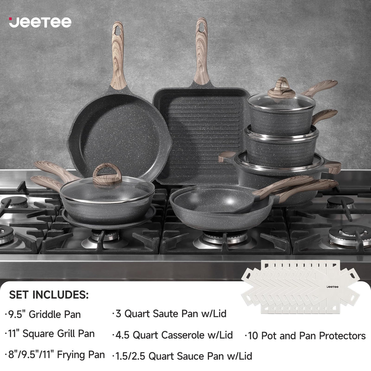 JEETEE triple-layer nonstick coating reduces oil for healthier cooking.