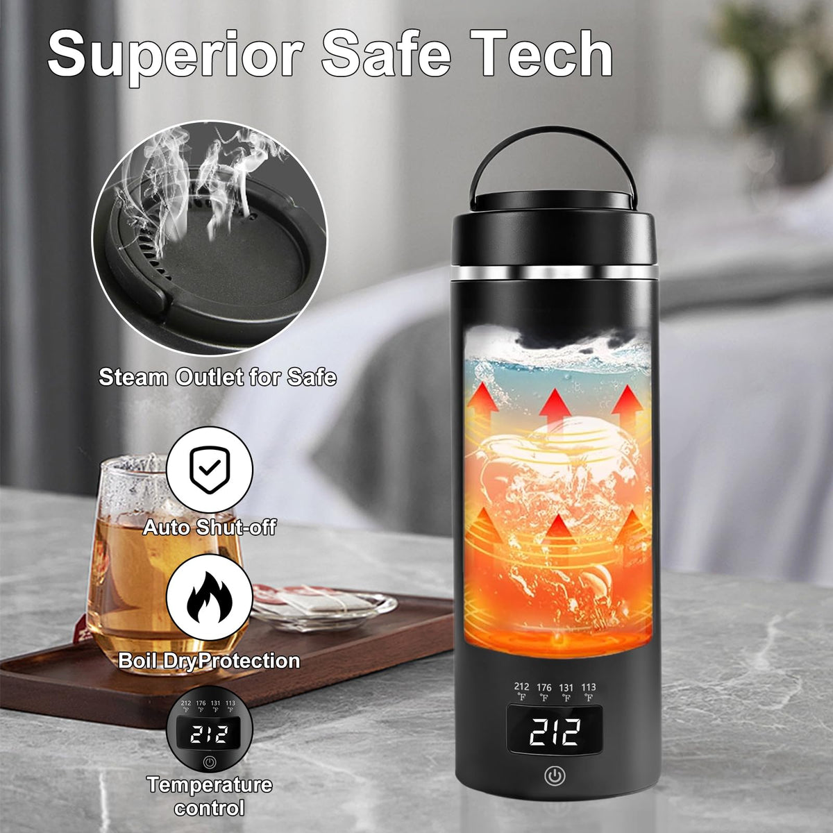 JEKABA travel kettle auto shut-off enhances safety during boiling.