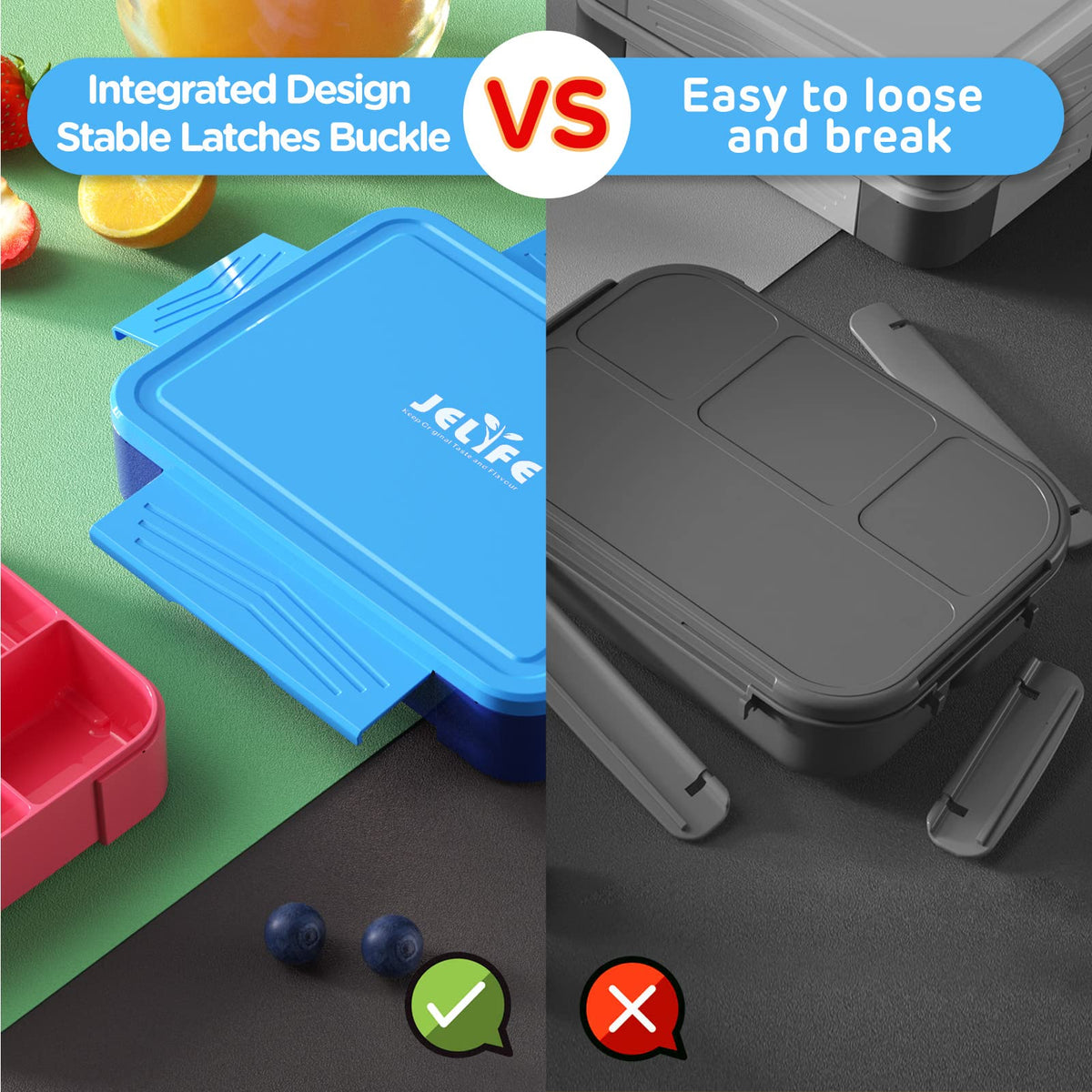 Jelife Bento lunchbox color-design features two-tone panels that kids love.