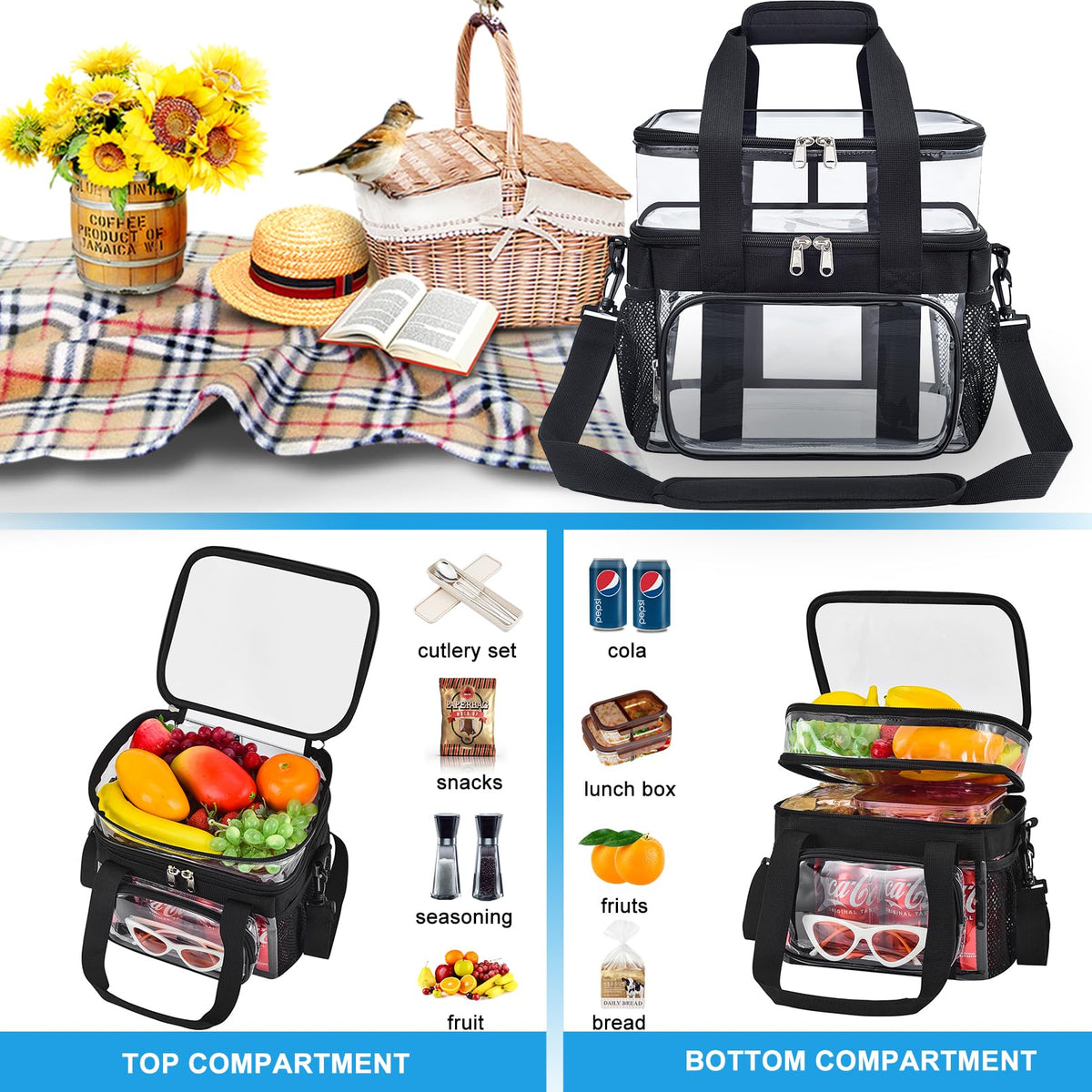 Jeluno Clear Lunch Bag adjustable strap for versatile carry