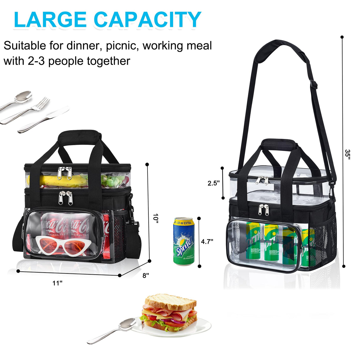 Jeluno Clear Lunch Bag high-capacity layout for drinks and boxes