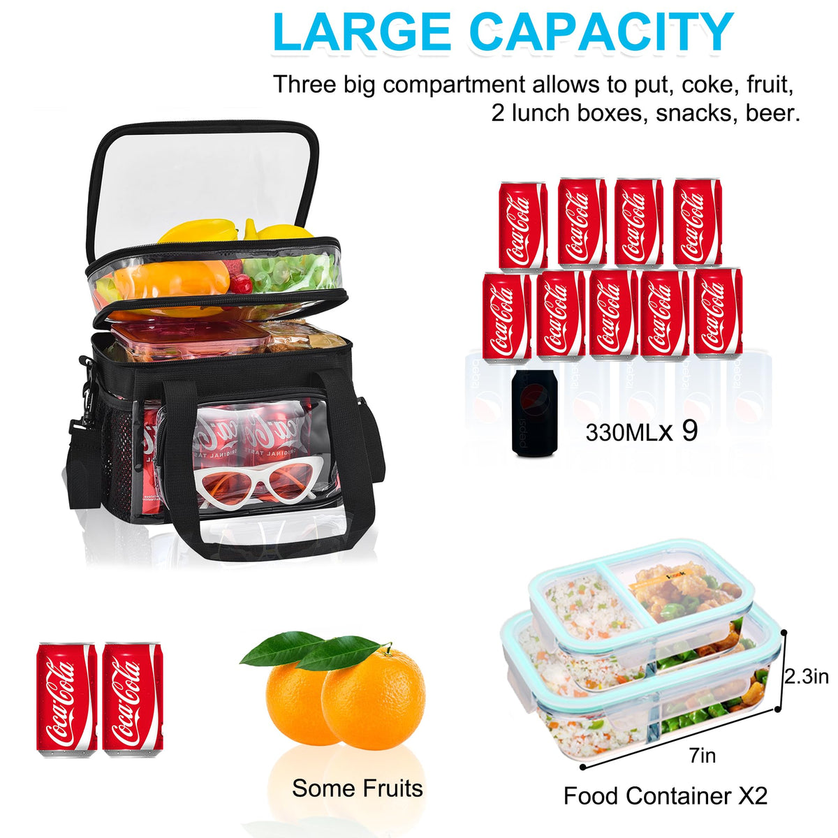 Jeluno Clear Lunch Bag wide-open top compartment for quick packing and access