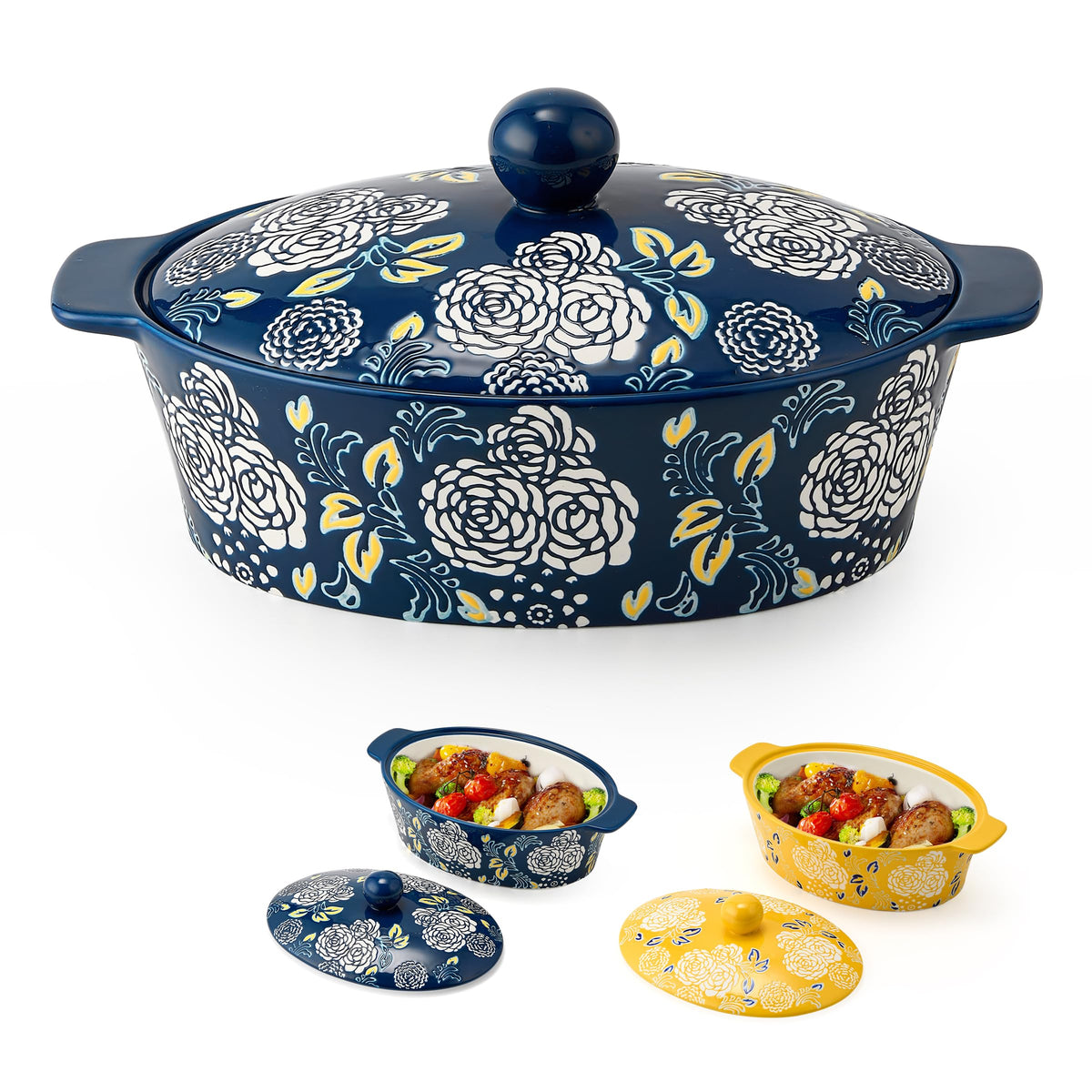 Jemirry ceramic casserole dish with lid in blue close-up for even heat distribution