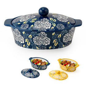 Jemirry ceramic casserole dish with lid in blue close-up for even heat distribution