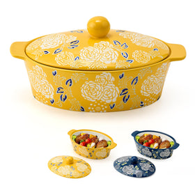 Jemirry ceramic casserole dish with lid showing even baking capability and elegant glaze