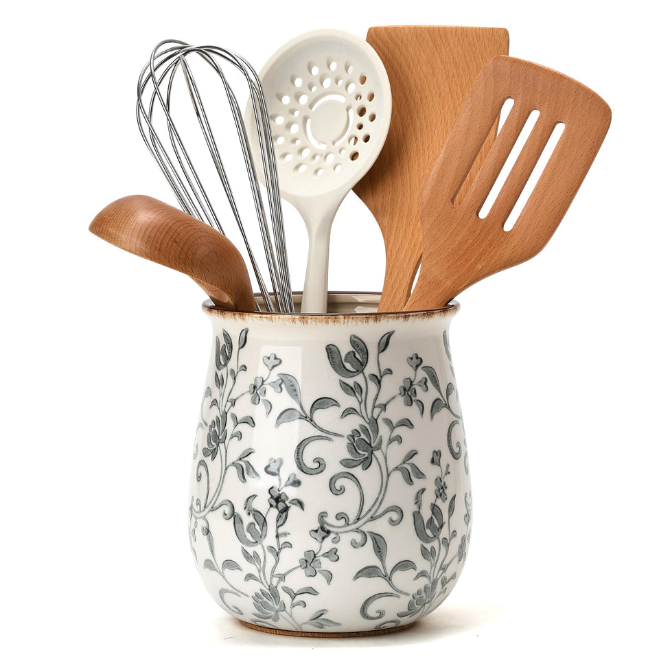 Jemirry ceramic utensil holder with floral pattern for easy counter-top access to spatulas and ladles.