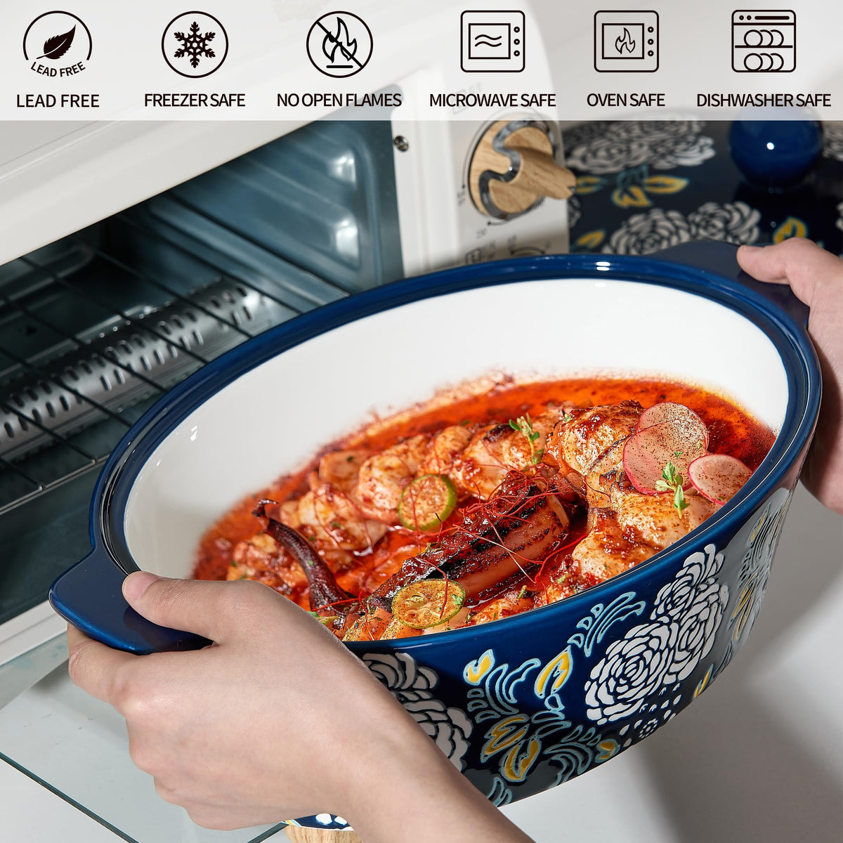 Jemirry lasagna baked in ceramic dish ready to serve