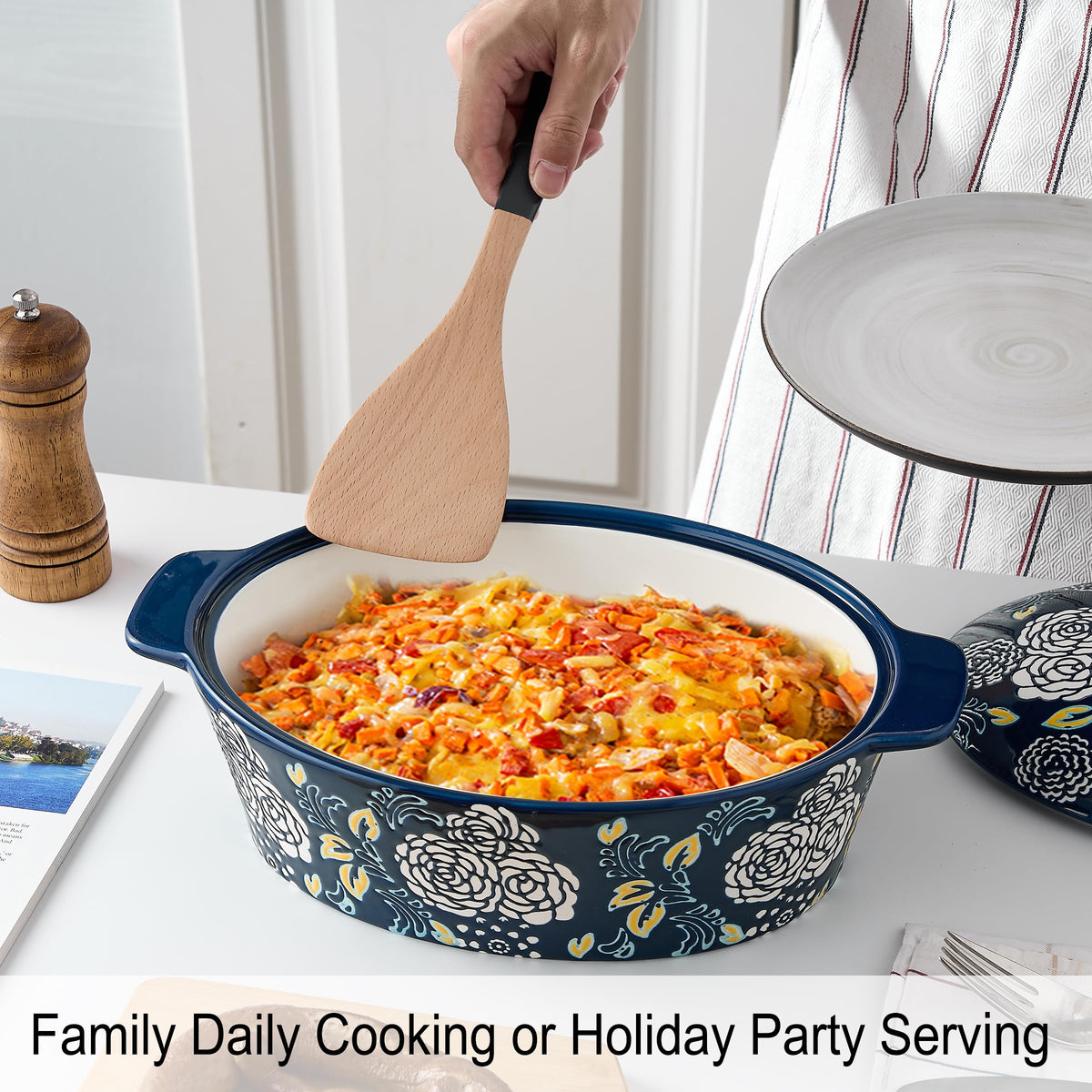 Jemirry blue serving casserole on a dining table