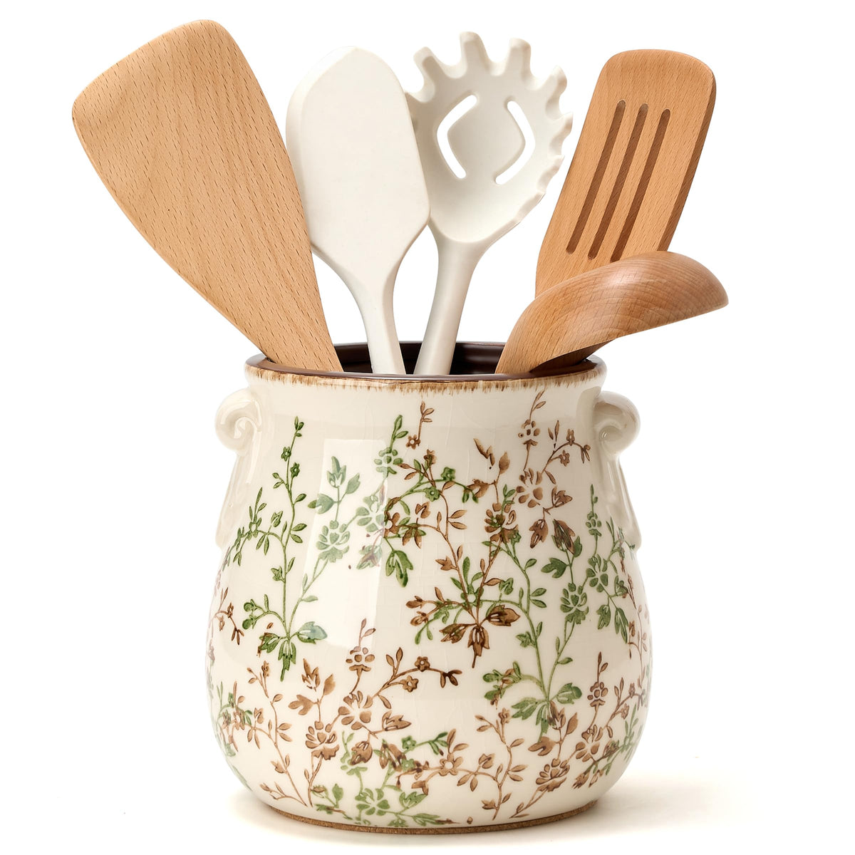 Jemirry floral-pattern ceramic utensil holder enhances elegant countertop organization.