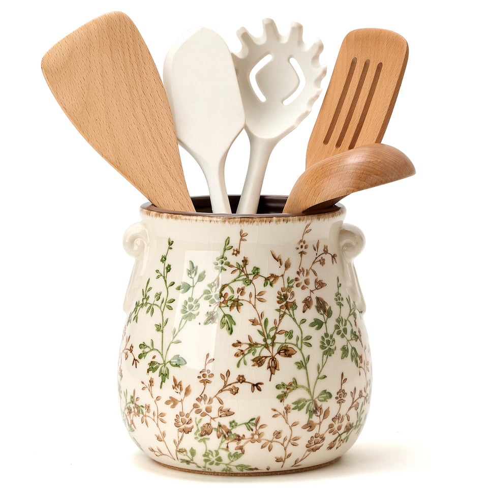 Jemirry floral-pattern ceramic utensil holder enhances elegant countertop organization.