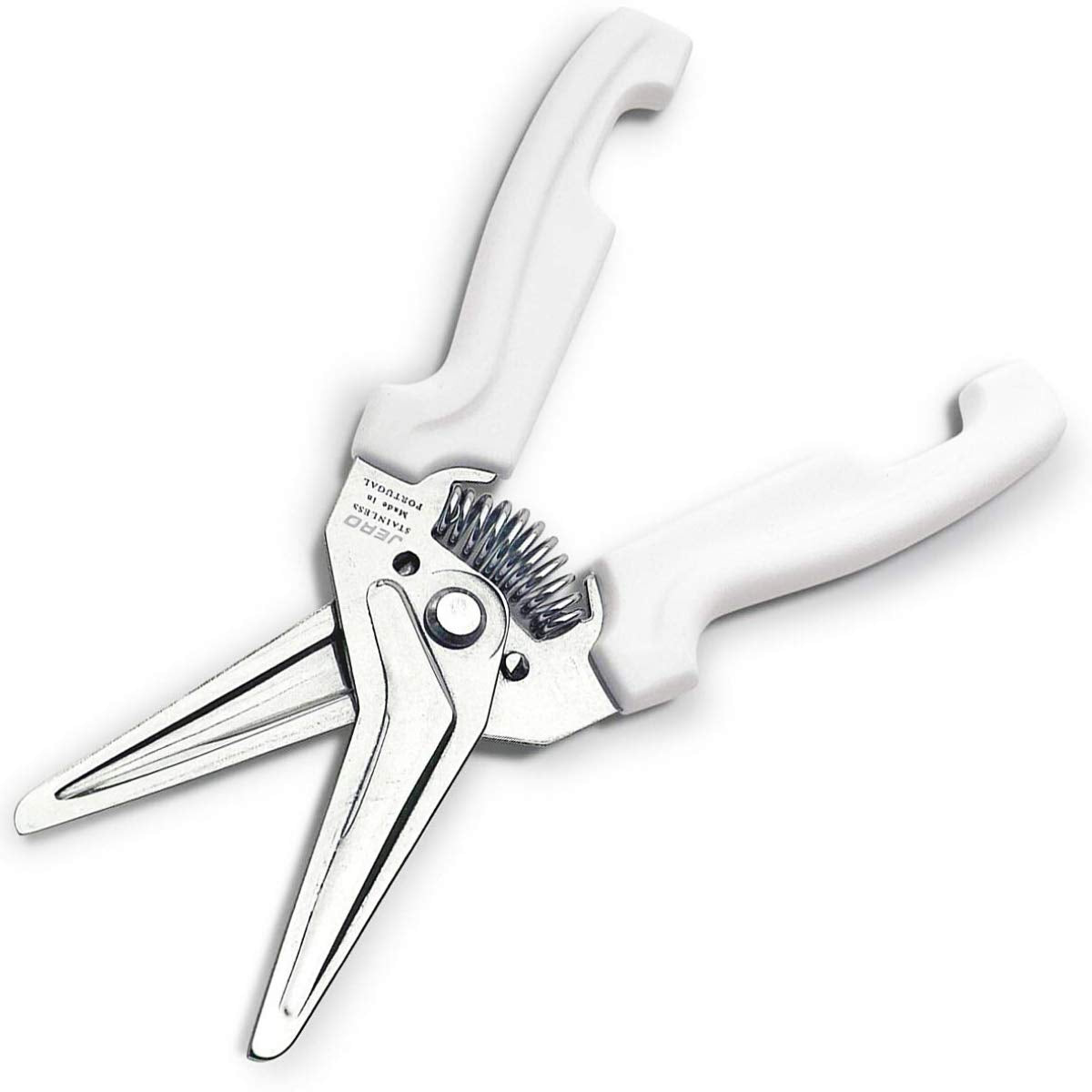 Jero spring assisted kitchen shears with holder, ready on the wall for easy storage.