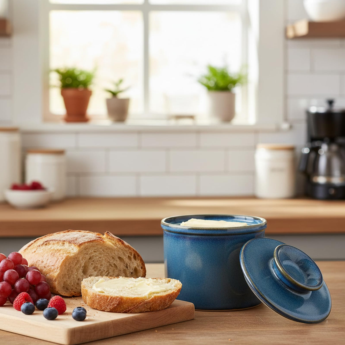 Jersinwei lead-free reactive glaze shows natural color variation on the butter dish