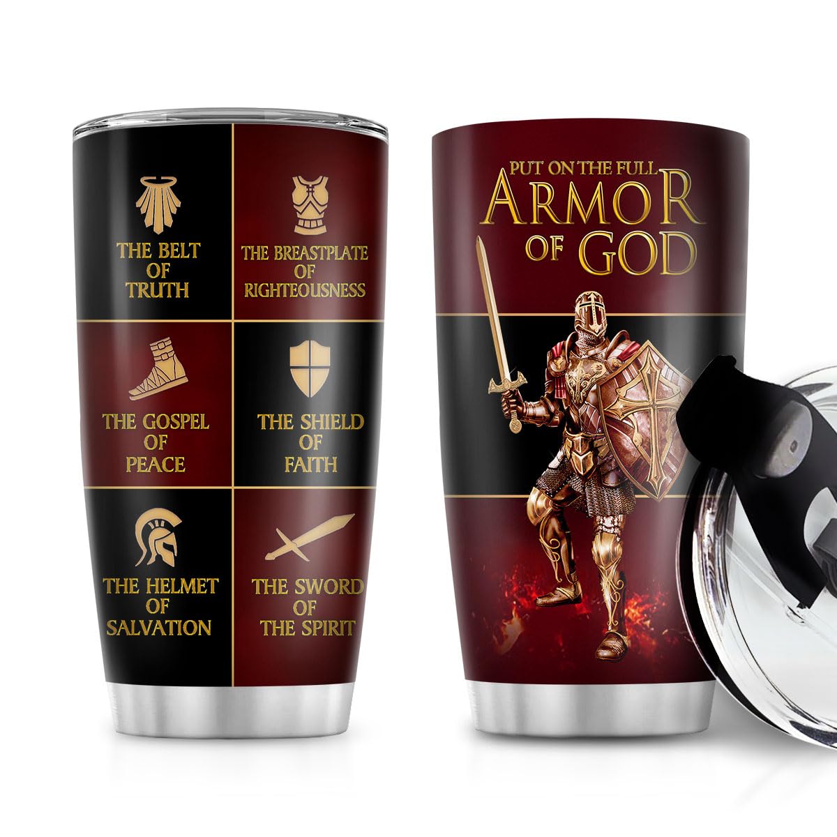 Jesuspirit Armor of God 20oz tumbler front view, durable stainless steel for on-the-go use