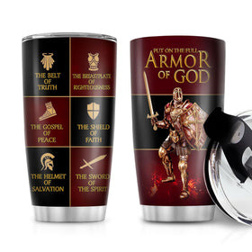 Jesuspirit Armor of God 20oz tumbler front view, durable stainless steel for on-the-go use