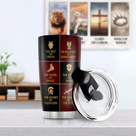 Jesuspirit Armor of God 20oz tumbler side view, ergonomic grip and bold design