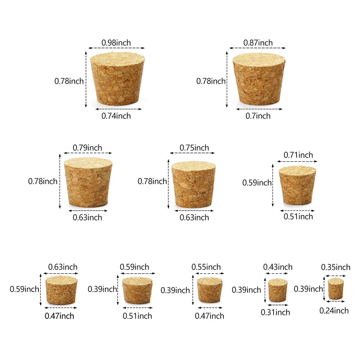 Jetec assorted cork stoppers in ten sizes for versatile fits.