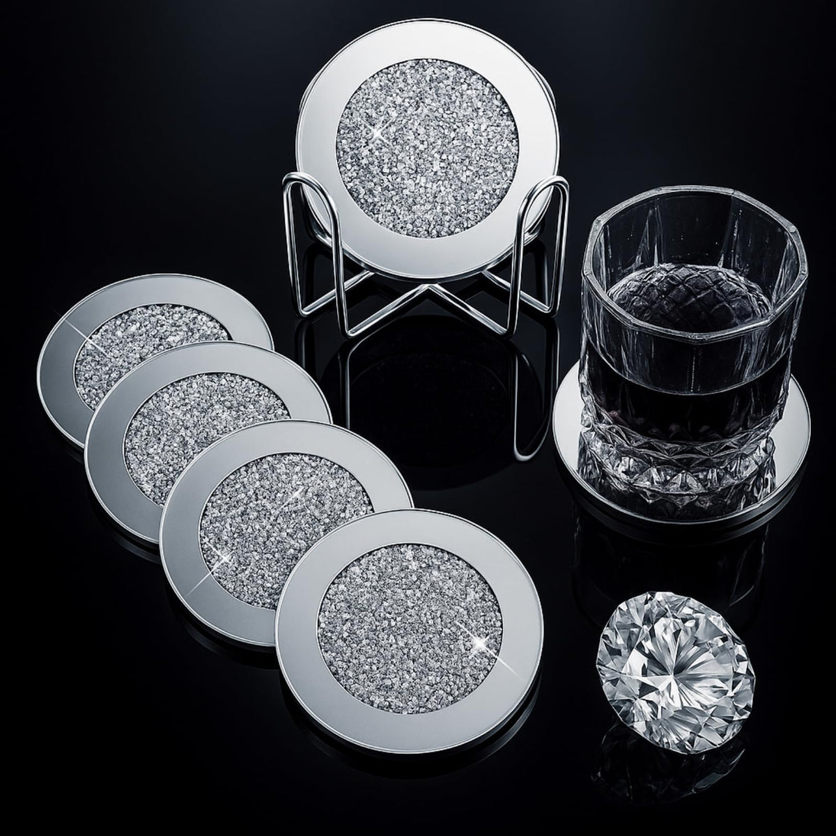 Jetec mirrored glass coaster set with holder protects surfaces in style.