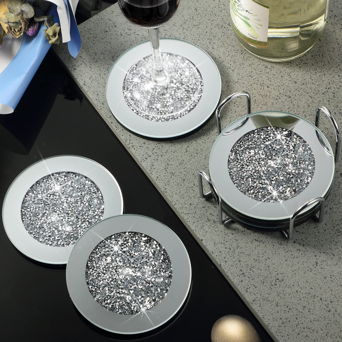 Jetec silver glass coasters on table enhance living room decor.