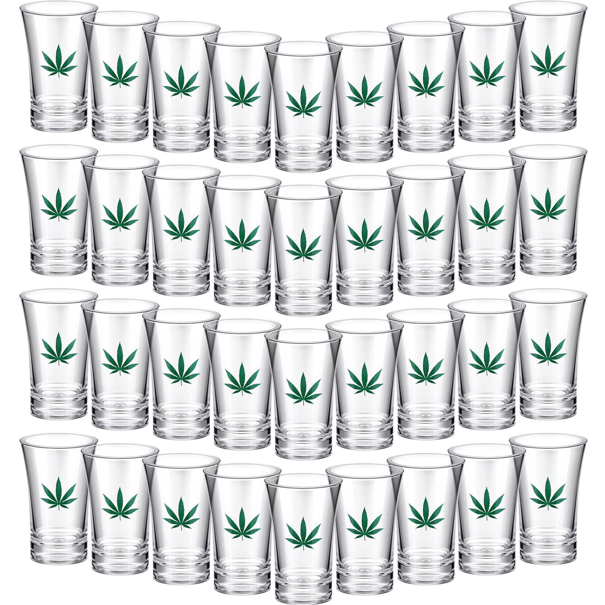 Jetec marijuana leaf shot glasses, 24-piece set, for 420 party toasts.