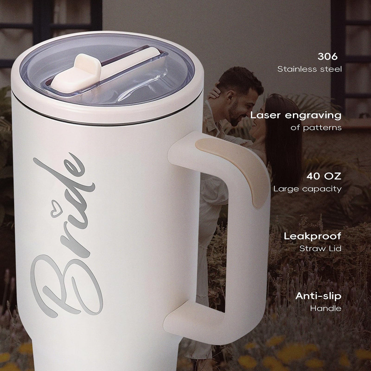 JETIKON Bride To Be 40 oz tumbler sweat-free grip for comfortable handling.