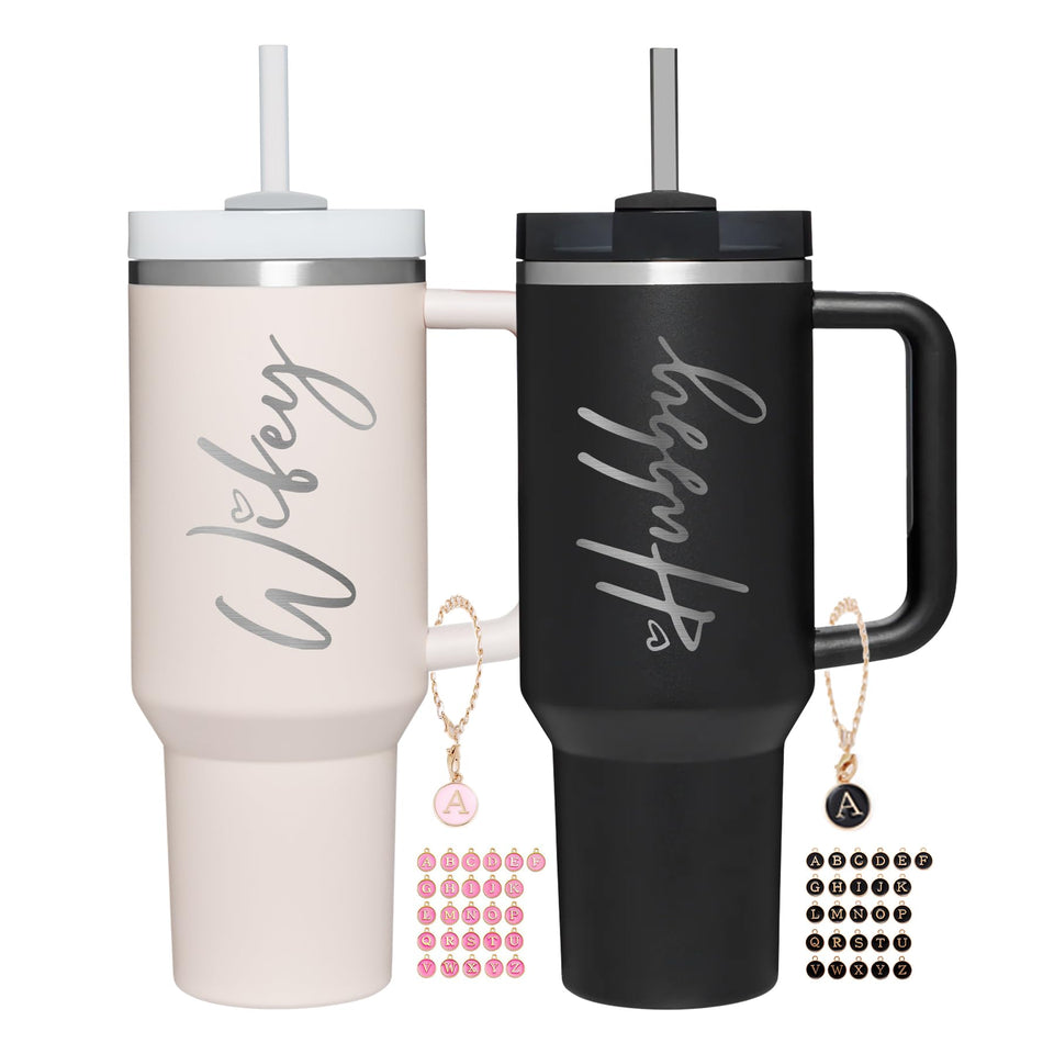 JETIKON Wifey Hubby 40oz tumbler with handle and lid; ideal for on-the-go sipping.